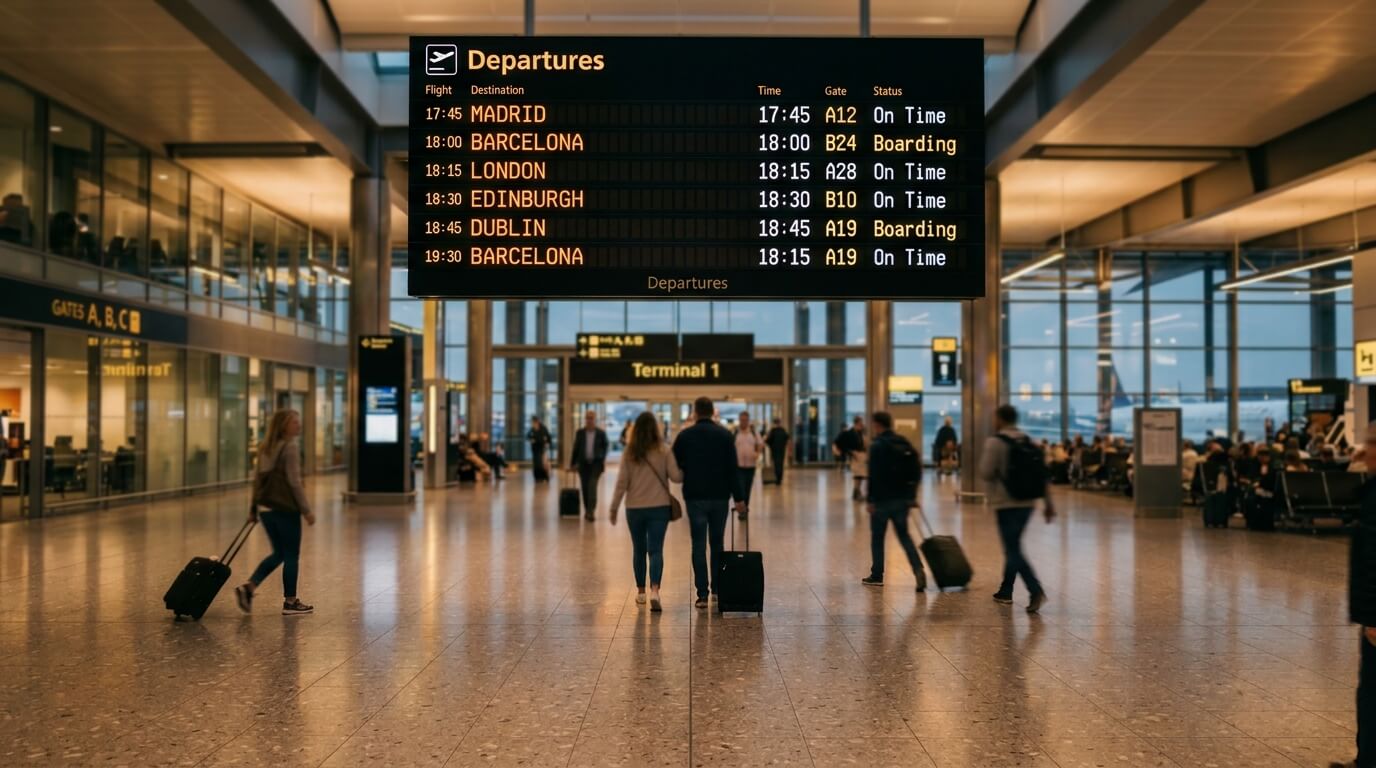 Panel de salidas del aeropuerto de Alicante-Elche mostrando destinos nacionales y vuelos al Reino Unido e Irlanda con Park-King