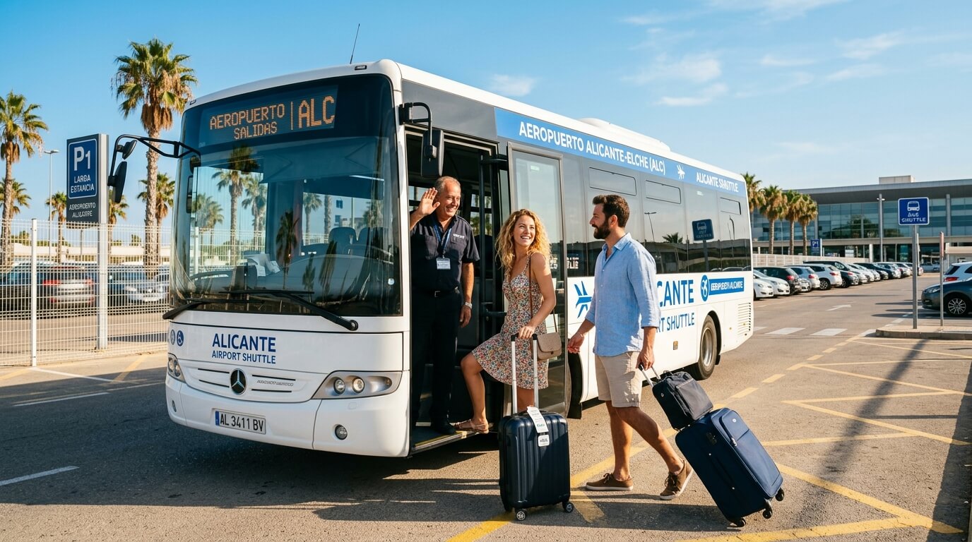 Parking Aeropuerto Alicante Barato: La Guia Definitiva 2026 1 Viajeros tomando la lanzadera de parking aeropuerto Alicante barato con Park-King hacia la terminal