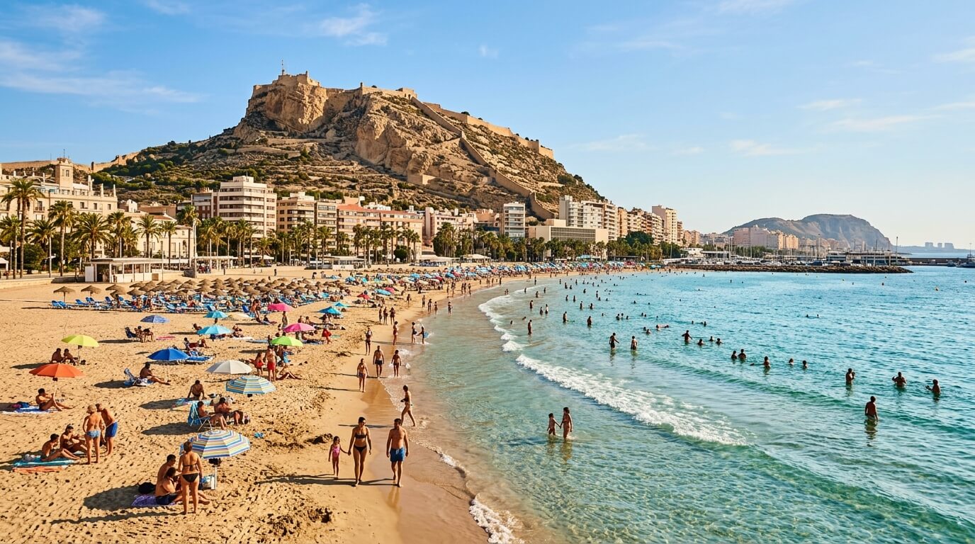 Vista panoramica de la playa del Postiguet en Alicante con el Castillo de Santa Barbara al fondo, opcion ideal al buscar aparcamiento playa Postiguet en verano